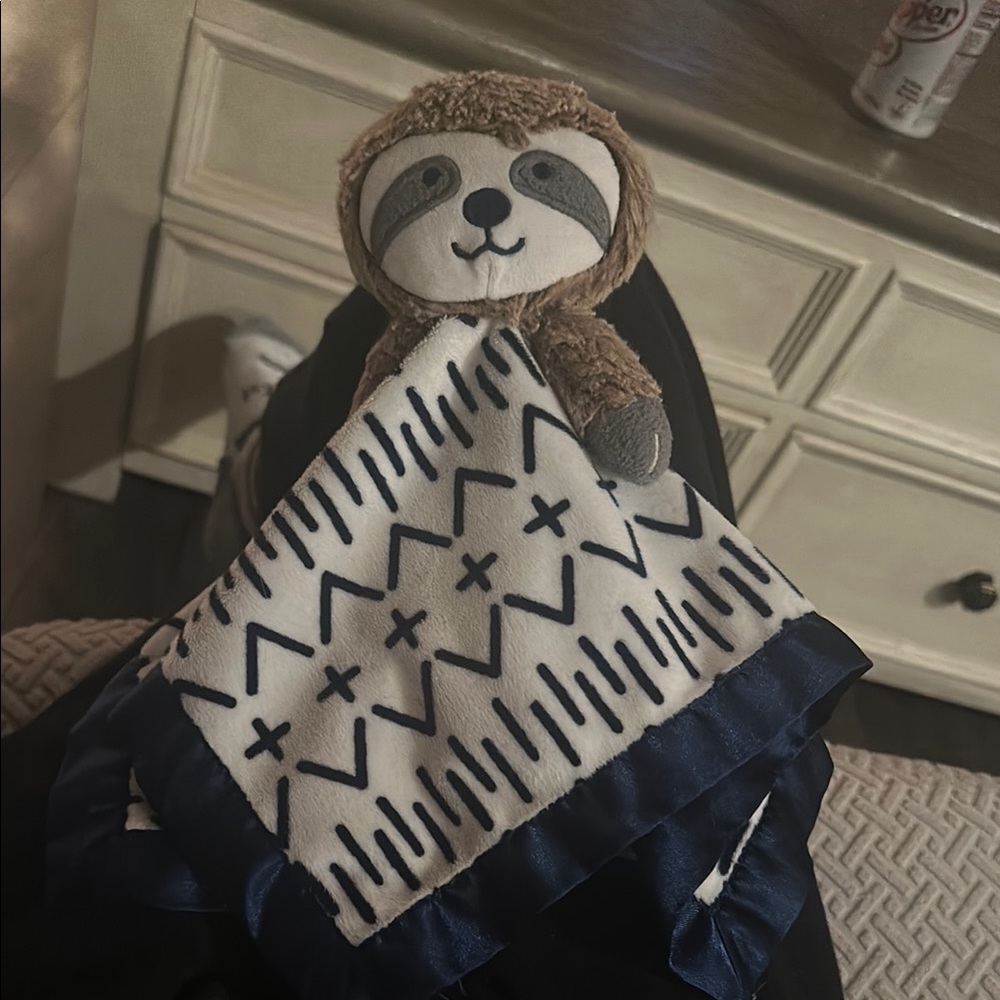 Sloth Plush Lovey Blanket - Blue and White